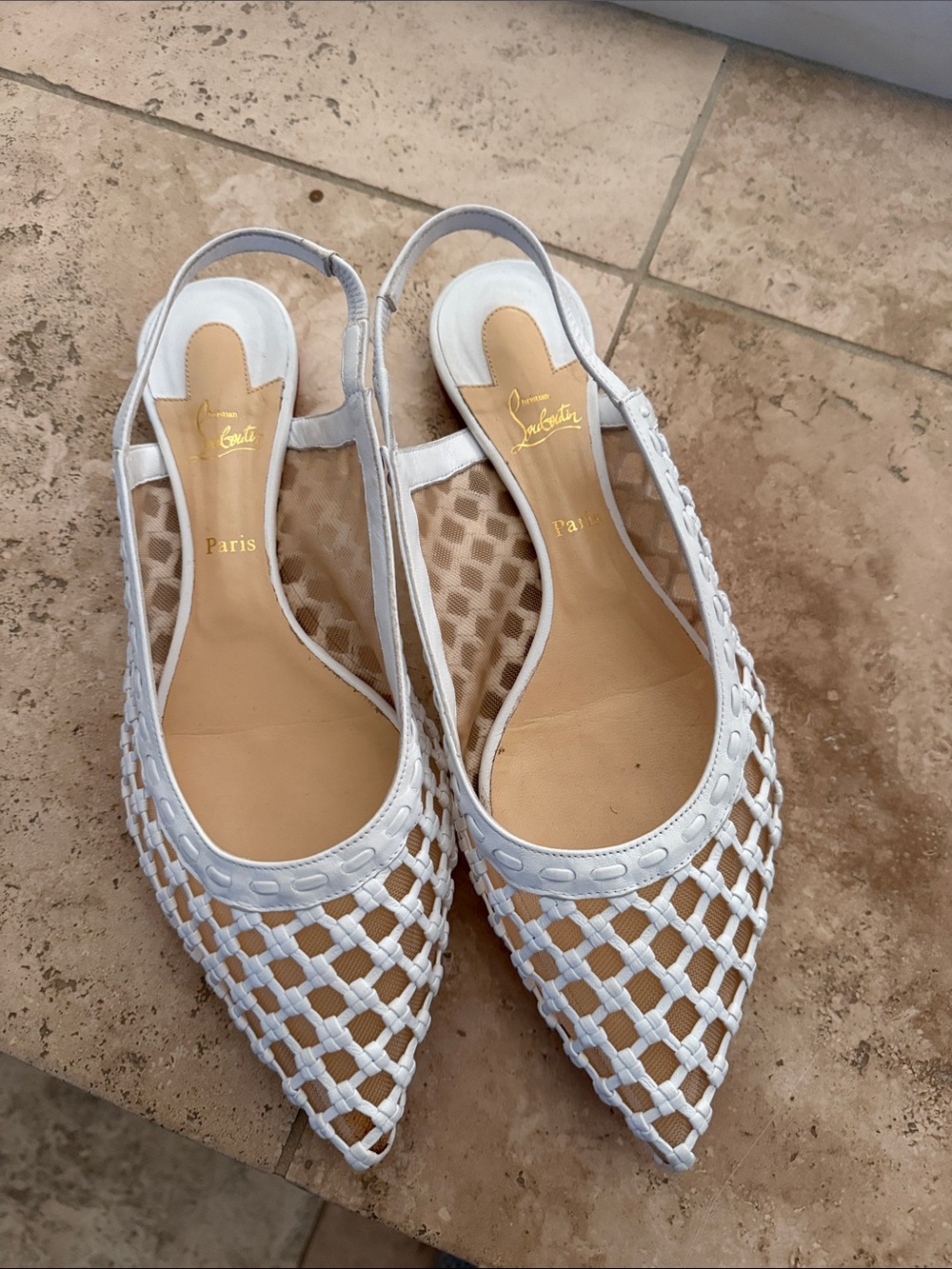 Christian Louboutin White Woven Pointed Slingback Flats
